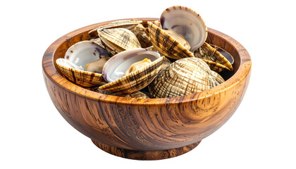 A wooden bowl overflowing with freshly cooked clams, shells open and visible