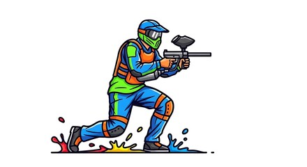Obraz premium Graphic of a player in protective gear, kneeling while aiming a paintball marker. Paint splatters are visible