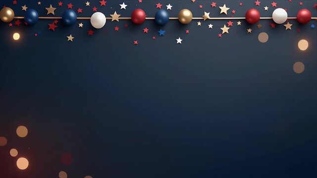 Colorful garland with red, blue, and gold ornaments on dark blue background