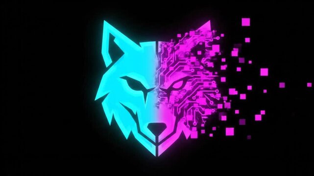 Digital art of a wolf's face transitioning into pixels and neon lights