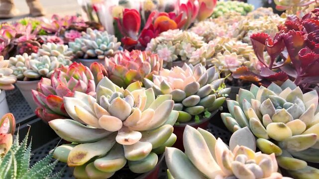 Colorful Succulent Garden Display with Varieties in Sunlight