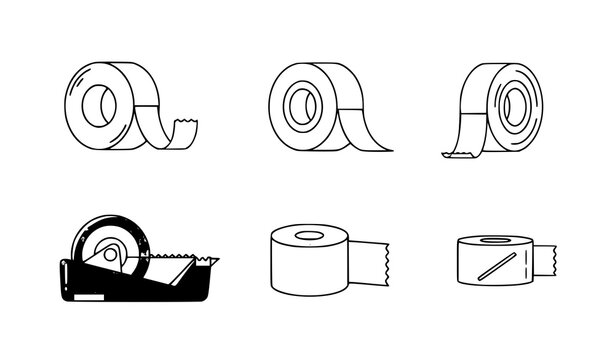 A set of tape rolls and dispensers in a minimalist line art style