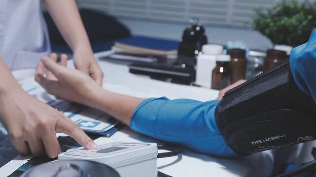 Doctor using stethoscope take a tap on the patient's arm and pressing pressure gauge button.