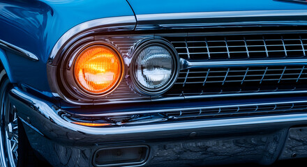 Vintage blue classic car headlight sunset field