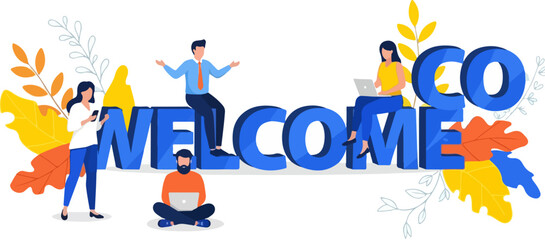 Welcome text with diverse people and decorative leaves vector