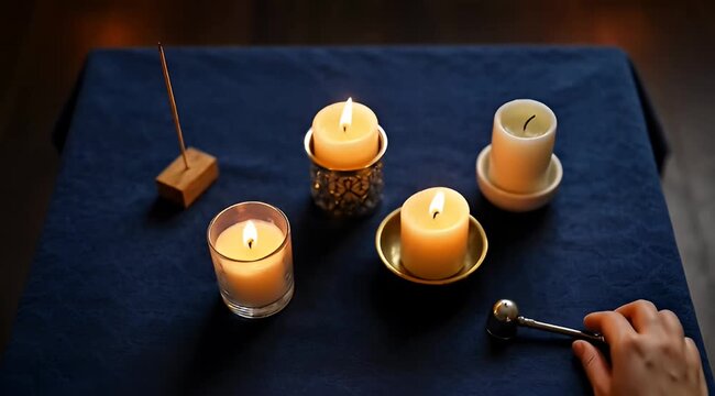 Candles and Incense Arranged on Dark Blue Fabric for Meditative Ritual