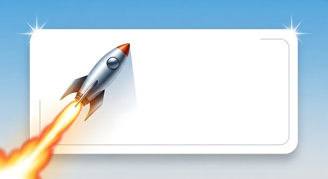 A silver rocket ship blasting off against a gradient blue sky, with a white, rectangular blank space