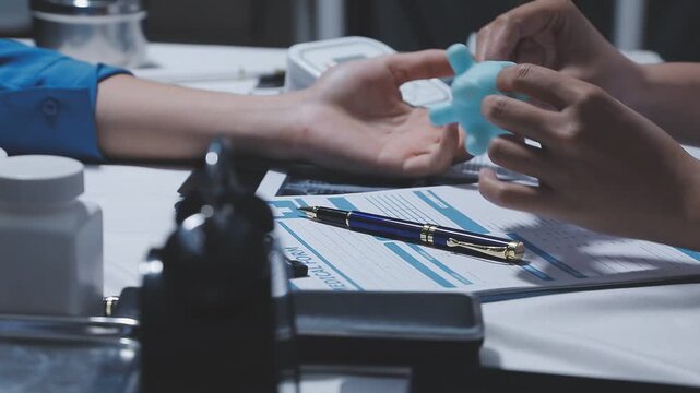 Doctor using stethoscope take a tap on the patient's arm and pressing pressure gauge button.