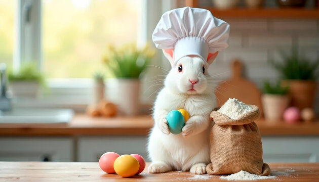 A cute Easter bunny wearing a chef's hat and holding Easter eggs on the kitchen table. Easter preparations