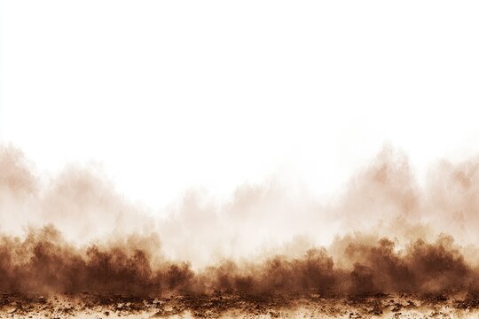 Brown, abstract ground-level view of dust clouds with a clear white sky