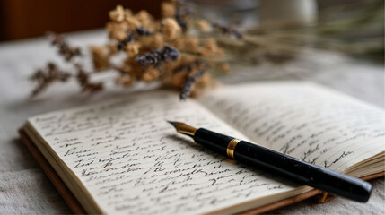 Woman Handwriting Journal with Fountain Pen on Open Notebook, Mindfulness Writing and Journaling Concept