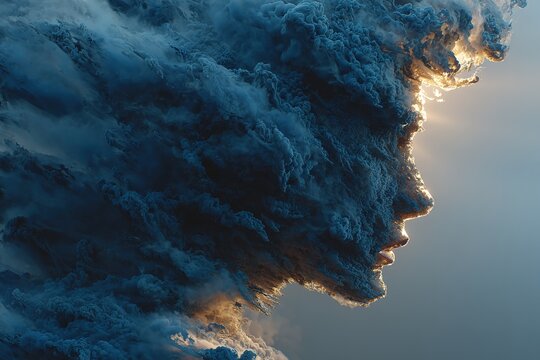Abstract silhouette of a human head made of dark smoke and clouds, concept of mental overload and depression