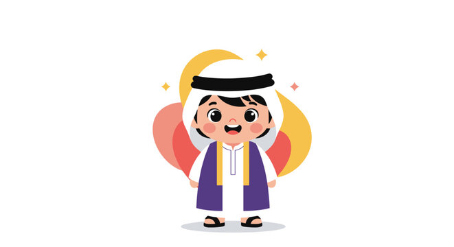 Smiling young boy dressed in traditional Arabic cultural attire including a white thobe and purple bisht stands against a colorful background.