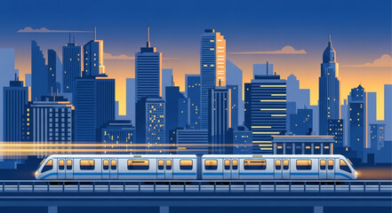Modern city skyline with high-rise buildings and a train in the foreground. © Cokro