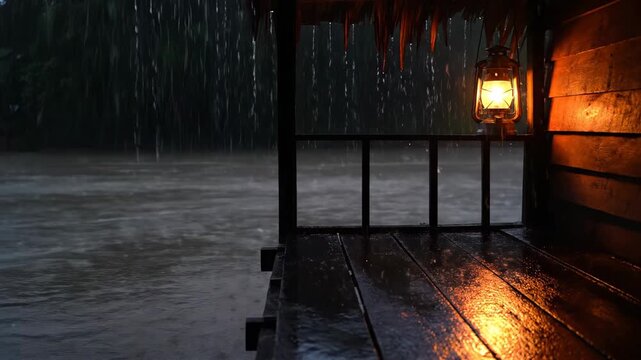 Cozy cabin porch lit by lantern on stormy rainy night by river