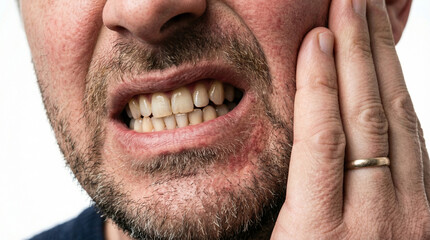 Fototapeta premium Macro photo of the mouth and lower face of a man with a toothache caused by gum problems and inflammation, grimacing in pain and holding his jaw with his hand, isolated on white background