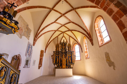 Historic altar inside wooden church of Pribylina museum