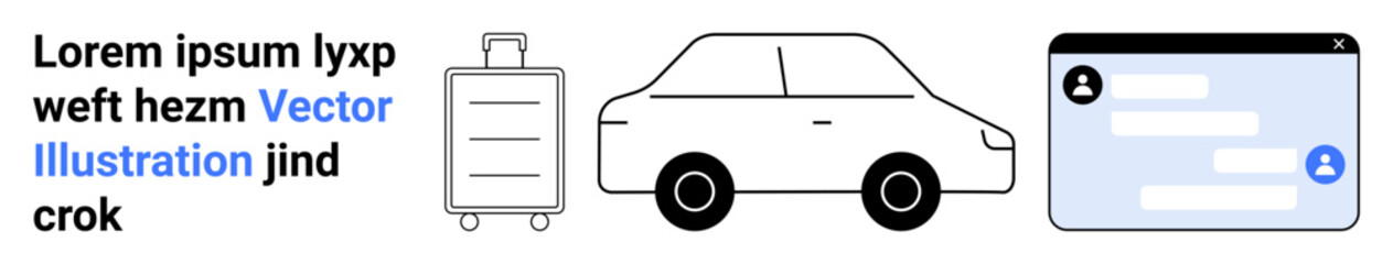 Fototapeta premium Travel logistics, transportation, mobile communication, digital connectivity, tourism booking, vehicle rental. Luggage, car and chat interface symbols on white background. Travel logistics