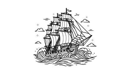 Vintage sailing ship on ocean waves black and white line art vector illustration isolated on white © Mdjony