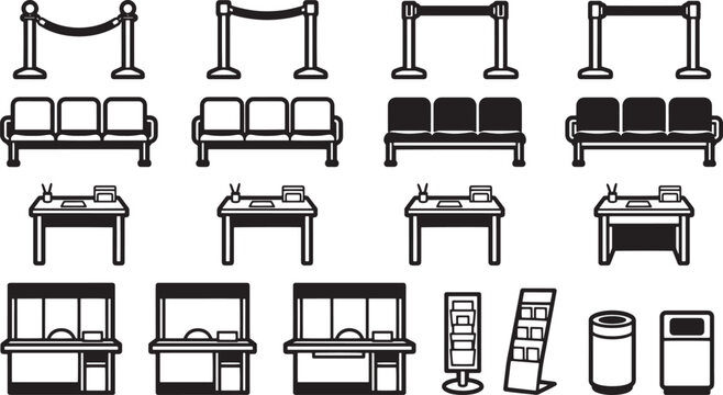 Elegant and minimalist vector illustrations of essential public amenities, including sleek rope barriers, comfortable seating, practical desks, and efficient service counters.