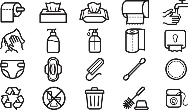 A collection of essential sanitary icons, elegantly rendered in a clean, modern design. A visual inventory of hygiene symbols, designed to inform, guide, and enhance communication.