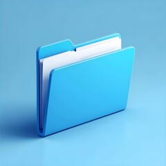 Three‑dimensional bright blue file folder with visible white sheets inside, upright on light blue surface and background, symbolizing organization, storage and documentation