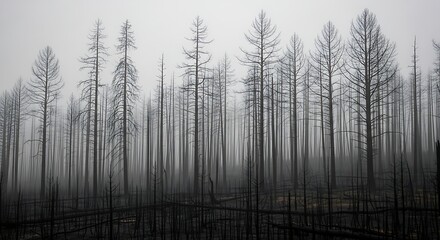 Eerie burnt forest with foggy atmosphere and barren trees in desolate landscape