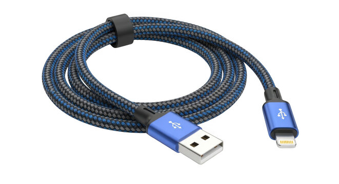 Blue and grey braided Lightning cable with USB connector isolated on transparent background