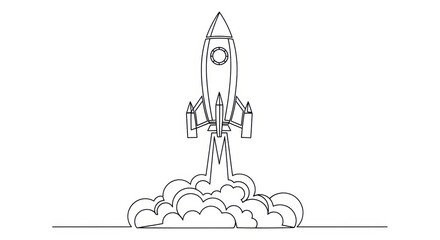 Fototapeta premium Rocket Launching into Space with Smoke and Flames, Minimalist Line Art