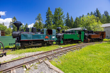 Old steam locomotives parked on tracks outside in the Liptov Village Museum © Richard Semik