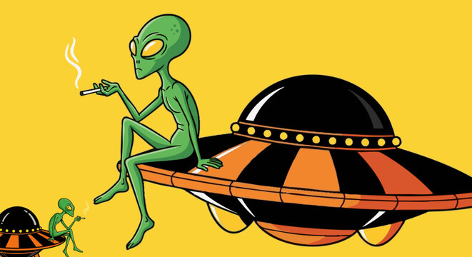 Vector illustration of green aliens on UFOs