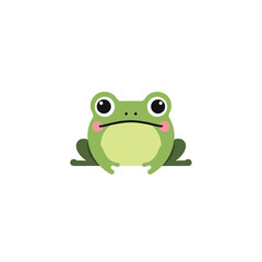 Fototapeta premium A cute, cartoon-style green frog with large black eyes and pink cheeks sits facing forward.