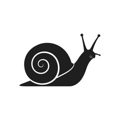 A simple black silhouette of a snail with its shell and antennae clearly visible. © Hari