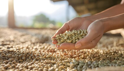 Extreme close up of farmer hands sorting raw green coffee beans drying in the bright sunlight.