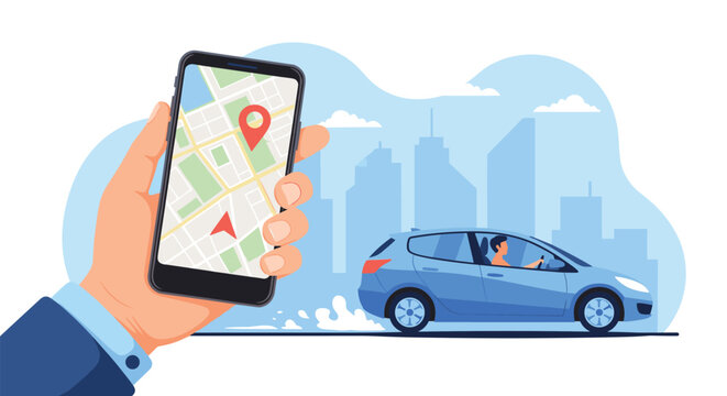 Hand holds a modern smartphone displaying a GPS navigation map with a blue car driving towards a destination in a stylized city landscape.