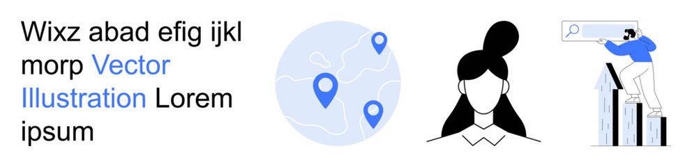 Obraz premium Digital navigation, business analytics, user identity, search optimization, data tracking, globalization. World map with location pins, user profile icon growth analytics chart. Digital navigation