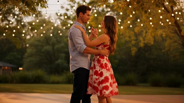 Romantic couple dancing under string lights at dusk in an outdoor setting