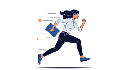 Fototapeta premium Energetic woman in professional office attire running extremely fast while holding a blue envelope for an urgent mail delivery.