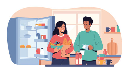 Fototapeta premium Happy young couple preparing a healthy breakfast or a snack in their modern kitchen with an open refrigerator full of fresh food.