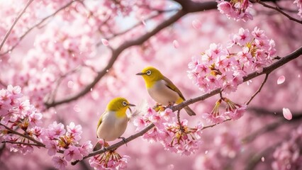 Two small birds perched on blossoming cherry tree branch in soft sunlight