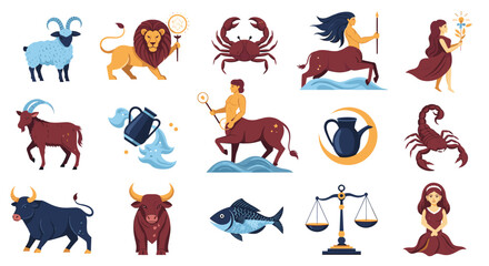 Obraz premium Complete set of twelve flat vector zodiac sign icons including aries, taurus, gemini, cancer, leo, and other symbols.