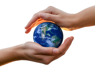 Two caring hands gently cradle and protect a small, vibrant globe of Earth, symbolizing environmental conservation, sustainability, and global stewardship for a better future on transparent background