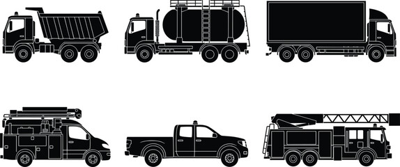 Heavy duty truck silhouette set including dump truck, tanker truck, cargo box truck, utility service van, pickup truck and ladder fire engine isolated vector collection © Monjurul
