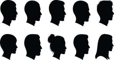 Human head profile silhouette collection, male and female side view faces isolated on white background, people avatar set, identity concept vector illustration © Monjurul