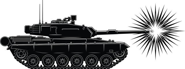 Military battle tank firing cannon shot, armored combat vehicle silhouette with muzzle flash isolated on white background, modern army warfare equipment illustration © Monjurul