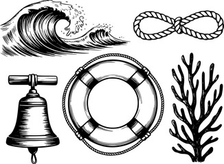 Vintage nautical including crashing waves a bell a life preserver coral and a rope knot © simplevector