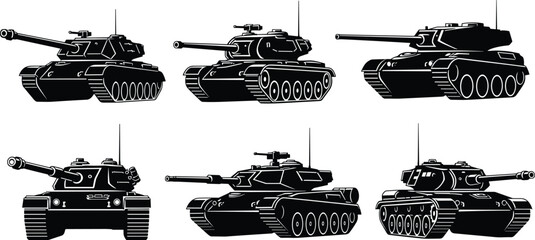 Military battle tank silhouettes collection isolated on white background, armored combat vehicle set showing different perspectives, turret cannons and tracked army vehicles illustration © Monjurul