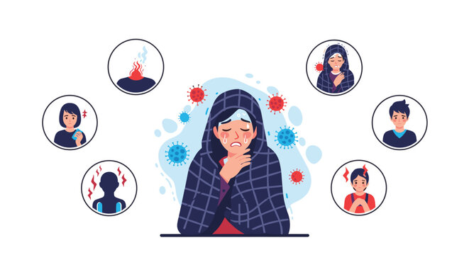 Sick woman wrapped in a blanket suffering from flu or cold symptoms with virus icons and related medical issues.