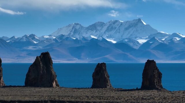 Aerial footage of beautiful lake landscape in tibet,China