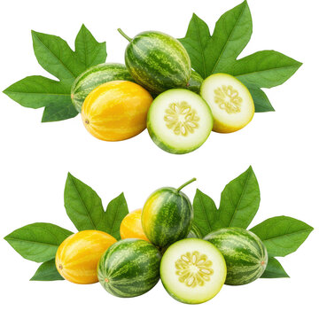 Two groups of pointed gourds with leaves isolated on transparent background